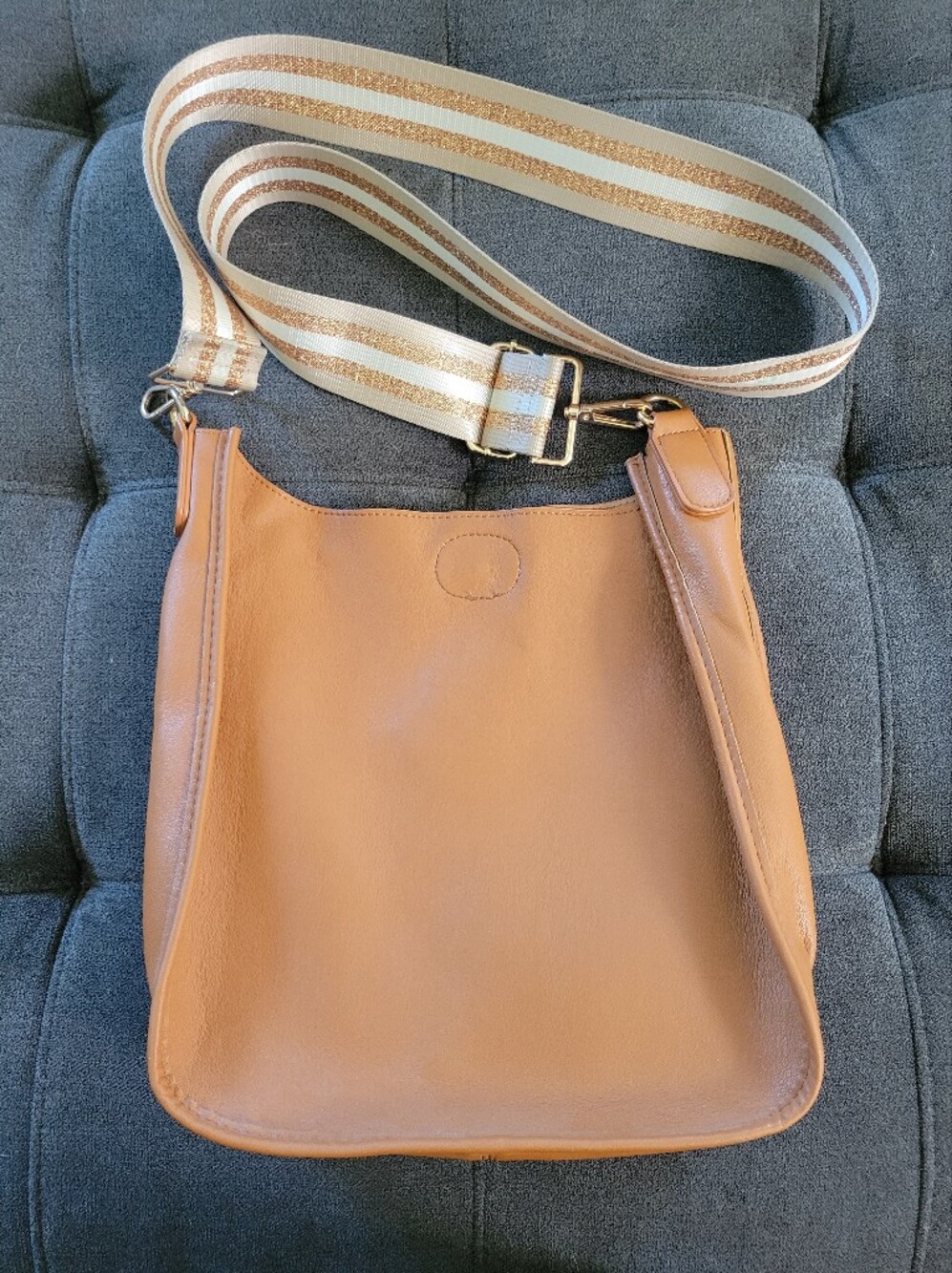 Classic Tan Leather Crossbody Bag with Striped Adjustable Strap